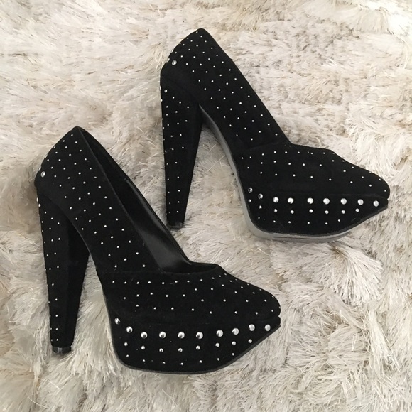 Black Studded Faux Suede Platform Pumps Size 7 - Picture 3 of 7